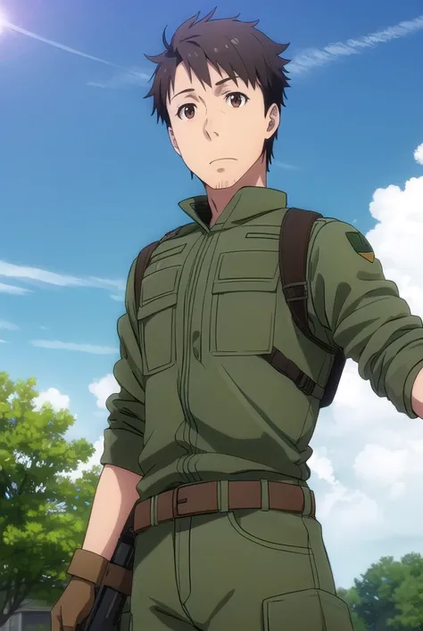 youjiitami, <lora:youji itami s1s2-lora-nochekaiser:1>,
youji itami, brown hair, (brown eyes:1.5), male focus, mature male,
BREAK gloves, uniform, military, military uniform, helmet, headset,
BREAK outdoors, forest, nature, grass, trees, sun, sky, clouds,
...