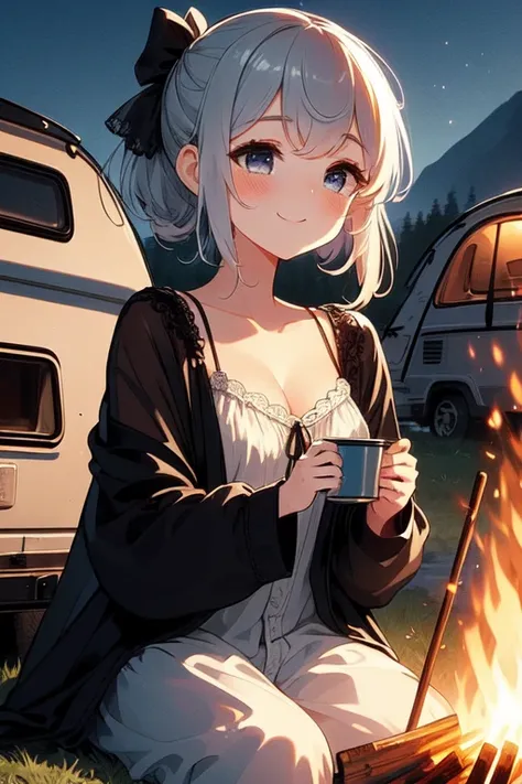 (((masterpiece))),  (((best quality))), (((bonfire))), holding a cup, sitting on chair, frills chiffon pajamas, black chiffon jacket, tent, sunset, (((camper van))),  solo, 1girl, gentle smile, cleavage, big tits, collarbone, dark gray braid, ribbon, petit...