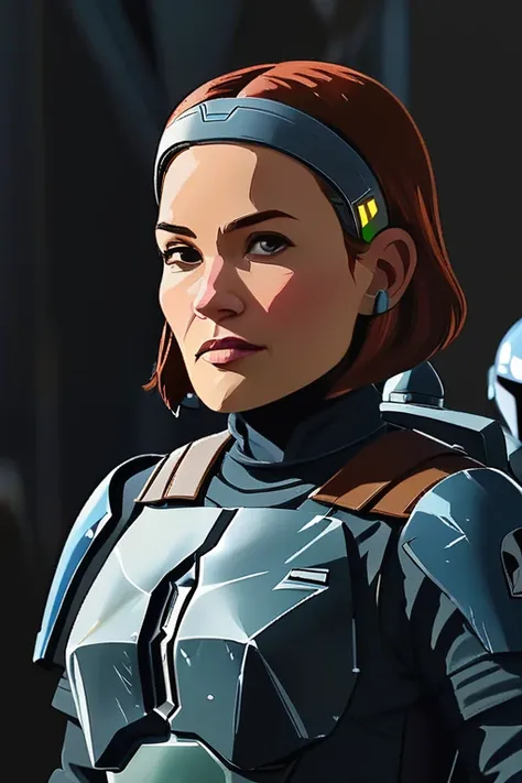 (best quality, masterpiece,Vector Art) 1girl, solo, short hair, brown hair, hair ornament, green eyes, hairband, hairclip, armor, bokatan, mandalorian armor (high contrast, official art, extreme detailed, highest detailed)<lora:tcwwomensdxl_lora:0.8>