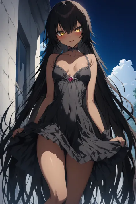 1girl, master_nemesis, to_love-ru_darkness, black_hair, very_long_hair, yellow_eyes, dark_skin, straight hair, solo, dress, highly detailed, masterpiece, best quality, anime style, 