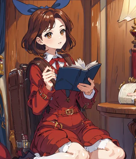 masterpiece, high res, detailed face, detailed eyes, 1 girl, solo, writting in a book, brown hair, brown eyes. short hair, red brown coat, ribbon, blue bunny ribbon, backpack, cowboy shot, bloomers, full body, indoors, wild west tavern  <lora:Carol Anderso...