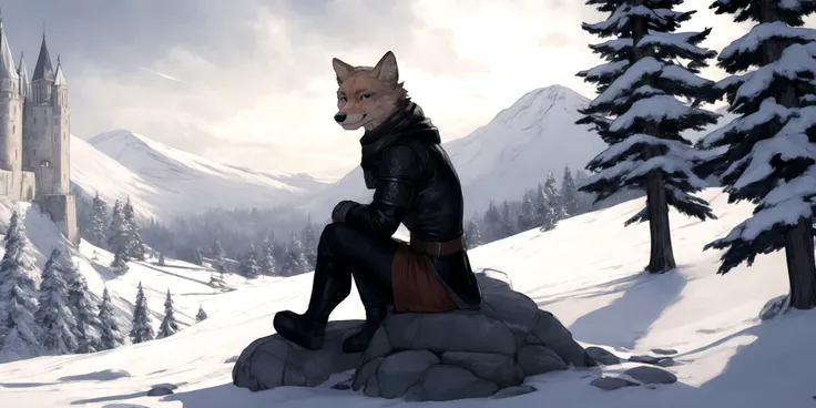 medieval fantasy landscape, snowy fields, castle, masterpiece 
BREAK 
fox, anthro male, medieval fantasy clothing, sitting on rock, looking at viewer, solo 
BREAK 
medieval fantasy landscape, snow-covered trees, mountains, masterpiece