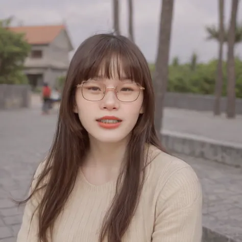 (best quality:1.4), (ultra highres:1.2), (photorealistic:1.4), (8k, RAW photo:1.2),(portrait shot:1.3), pinomyim, 1girl, solo, looking at viewer, bangs, brown hair, upper body, outdoors, blurry background, realistic, glasses, round eyewear, ponytail, reali...