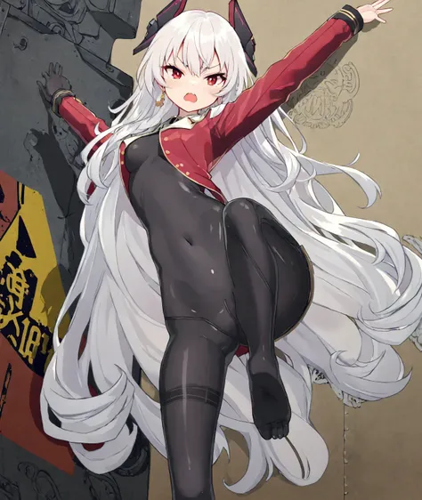 (1girl:1.2),(solo:1.2),masterpiece,best quality,highly detailed,best quality,anime screencap,highres,extremely detailed wallpaper,third-party edit,angry expression,black silk bodysuit,long white hair,<lora:ScharnhorstLoraXL-000018:0.9>,jacket,hand on waist...