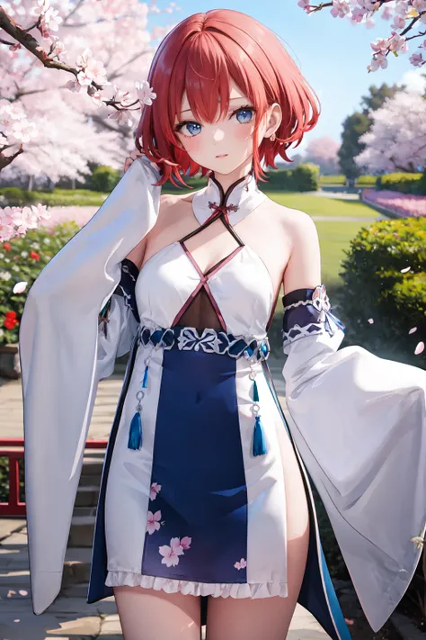 masterpiece,best quality,highres,ultra-detailed,cowboy shot,solo,1girl,medium_breasts,short hair,red hair,standing,outdoors,garden,cherry blossom,trees,chinese clothes,bare shoulders,detached sleeves,sleeves past wrists,