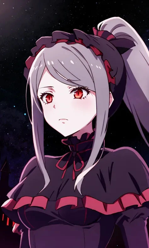 shalltear bloodfallen, shalltearcostume, 1girl, ponytail, outdoors, night, starry sky, (dark atmosphere:1.3), vampire, gothic, <lora:Shalltearnew:1>, upper body, closed mouth