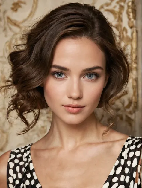 Create an ultra-realistic image of a beautiful, fictional actress. brunette, scar on lip, uncommon beauty. (upper body) She should have a natural and elegant appearance, with distinct facial features that convey a sense of grace and poise. Her expression s...