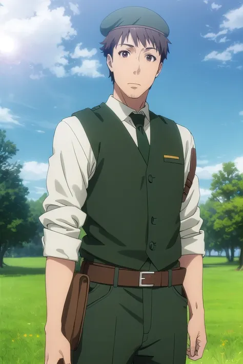 youjiitami, <lora:youji itami s1s2-lora-nochekaiser:1>,
youji itami, brown hair, (brown eyes:1.5), male focus, mature male,
BREAK shirt, hat, white shirt, necktie, collared shirt, belt, pants, uniform, beret, green necktie,
BREAK outdoors, forest, nature, ...