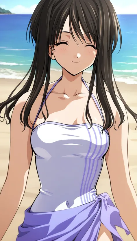 1girl,minami tsubame, swimsuit, 1girl, solo, masterpiece, best quality, game cg, beach, seaside, smile,  <lora:MinamiTsubameXL:1>