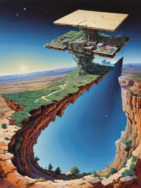 otclillsn, painting of a strange and impossible to solve landscape glued to a robotic motherboard tilted 454,78 degree upside down, baffling optical illusion, disorienting angle, surreal  <lora:- SDXL - otclillsn_impossible_geo_V1.0:1>