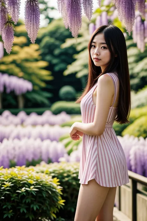 1girl, mature, beautiful, cute, hourglass body, masterpiece, scenic view
portrait young asian Woman,long hair,
wearing (secret:1.05), mini dress, pink white striped,
at a botanical garden, hanging wisteria,