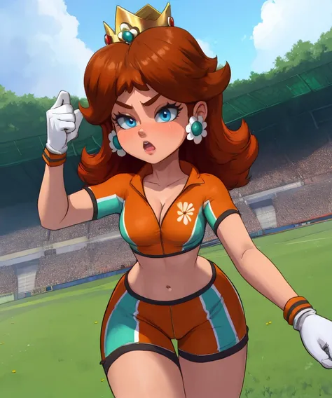 Daisy,brown hair,blue eyes,flower earrings,small crown,tanned,
soccer uniform,short sleeves,white gloves,orange shorts,midriff,8,cleavage,
serious,walking,motion lines,teeth,
soccer field,science fiction,outdoors,
(insanely detailed, masterpiece, best qual...