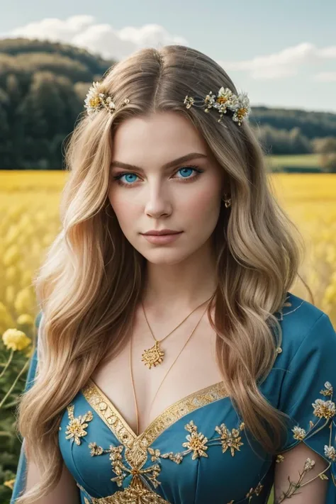 ((best quality)),((masterpiece)),((detailed)),portrait of Freyja,the Norse goddess of love and beauty,(love and allure in her eyes:1.2),[captivating blue eyes],[Norse-inspired attire with a magical necklace],(surrounded by blooming flowers and golden field...