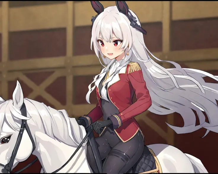 (1girl:1.2),(solo:1.2),masterpiece,best quality,highly detailed,best quality,anime screencap,highres,extremely detailed wallpaper,third-party edit,shy expression,riding a horse,black silk bodysuit,long white hair,<lora:ScharnhorstLoraXL:1>,red jacket,