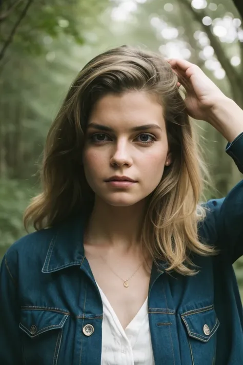 photograph of a woman, (baffled facial expression), textured skin, goosebumps, dirty blonde half-up half-down hair, oversized flannel shirt with ripped skinny jeans and combat boots, portrait, peaceful canopy walkway high above the forest floor offering a ...