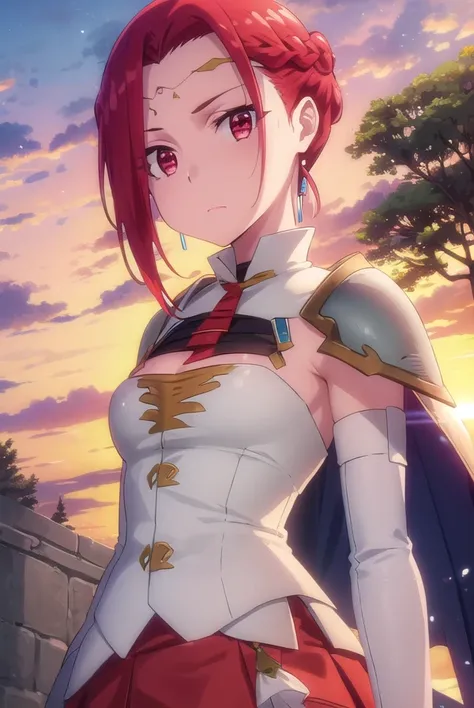 pinacolada, <lora:pina co lada s1s2-lora-nochekaiser:1>,
pina co lada, short hair, (red eyes:1.3), red hair, braid, single braid, braided ponytail,
BREAK skirt, thighhighs, cleavage, jewelry, earrings, detached sleeves, cape, armor, cleavage cutout, circle...