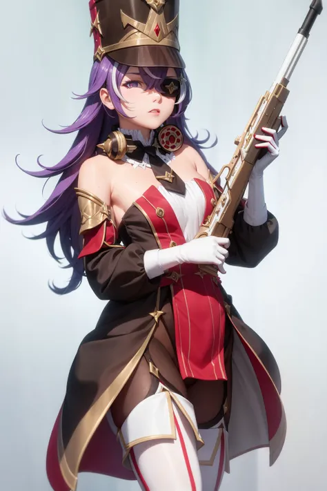 masterpiece, best quality,  <lora:chevreuse:1>,
1girl,hat,shako cap,purple hair,long hair, eyepatch, purple eyes,detached collar, necktie,bare shoulders,detached sleeves,dress,white gloves,black pantyhose, garter straps,white thigh boots,
gun,holding gun,
...