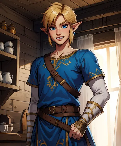 Link,short blond hair,pointy ears,blue eyes,
bridal gauntlets,blue tunic,pelvic curtain,
mercenary tavern,indoors,teeth,
(insanely detailed,  masterpiece, best quality)solo,standing,upper body,smiling,<lora:Link:0.8>,