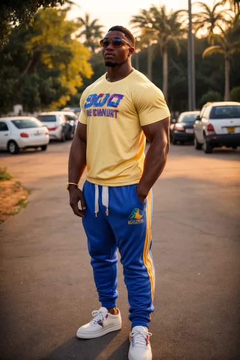 fashion photograph of, a burly 20yo Senegalese powerlifter, colorful t-shirt, sweatpants, sunglasses, sneakers, buzz cut, (sharp focus, outdoors, bokeh), golden hour, (from side:0.4),