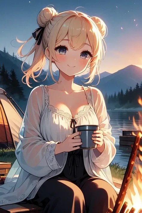 (((masterpiece))),  (((best quality))), (((bonfire))), holding a cup, sitting on chair, frills chiffon pajamas, black chiffon jacket, tent, sunset, camper van,  solo, 1girl, gentle smile, cleavage, big tits, collarbone, blond twinbun, ribbon, petite figure...