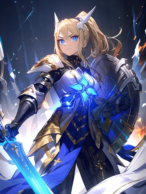 masterpiece,best quality,highres,cinematic lighting,dramatic angle,1girl,<lora:ShadowverseHolySaberV16-000029:0.8:lbw=jiangshi3>,alternative2, hair ornament,ponytail,ribbon,glowing,serious,shaded face,black armor,white and blue dress,holding blue sword,loo...