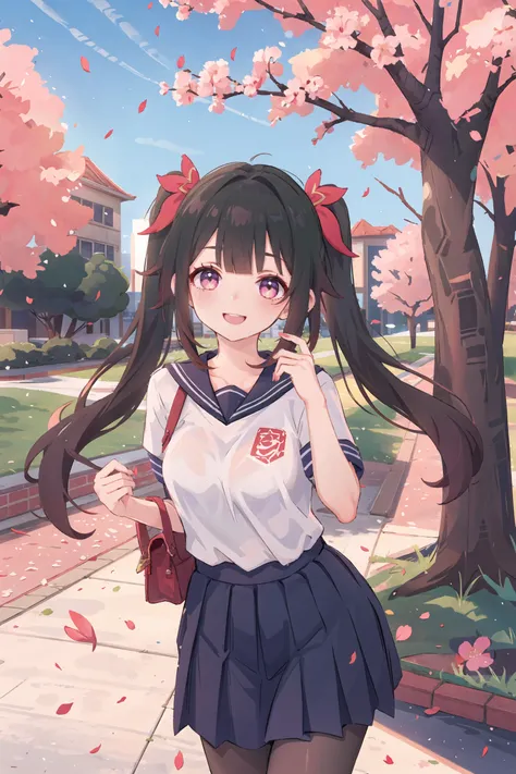 1girl, sparkle (honkai: star rail), twintails, solo, school uniform, white shirt, sweater, pleated skirt, pantyhose, light smile, looking at viewer, outdoors, street, cherry blossoms, petals, depth of field, masterpiece