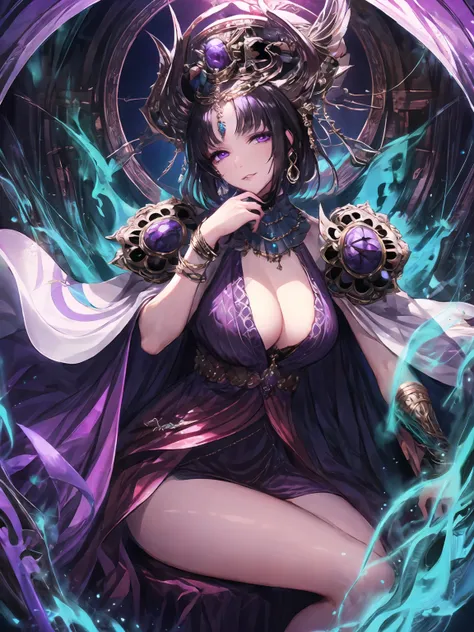 masterpiece,best quality,highres,cinematic lighting,dramatic angle,1girl,<lora:ShadowverseNephthysV1-000015:0.8>,black hair,short hair,jewelry,purple dress,purple eyes,looking at viewer,smile,crown,pelvic curtain,cleavage,capelet,shoulder armor,beads,jewel...