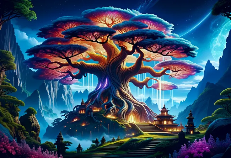 hyper detailed masterpiece, dynamic, awesome quality,DonM3t3rn1tyXL Create an image of a magical mountain with the enormous ancient Worldtree. Its should be dim and mystical, possibly glowing with an otherworldly bioluminescent light. Its pose is majestic ...