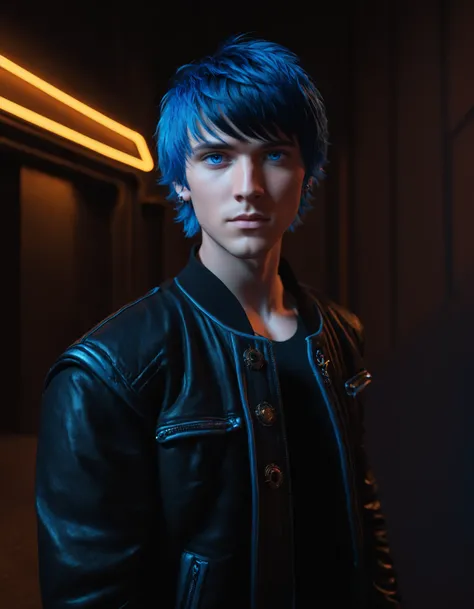 1boy, Kristoff Ohanlon, slsxl style, solo, solo focus, looking at viewer, short hair, bangs, blue eyes, black hair, jewelry, blue hair, jacket, open clothes, open jacket, black jacket, cinematic lighting, neon rim lighting, side lighting, rembrandt lightin...