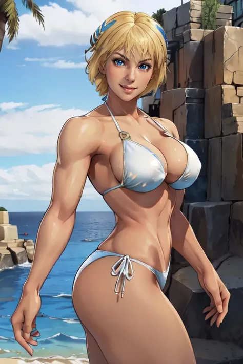 masterpiece,best quality,extreme detail,8k,<lora:sophitia:0.8>,sophitia2,1girl,solo,breasts,looking at viewer,smile,short hair,blue eyes,blonde hair,large breasts,navel,swimsuit,bikini,outdoors,day,side-tie bikini bottom,white bikini, ass