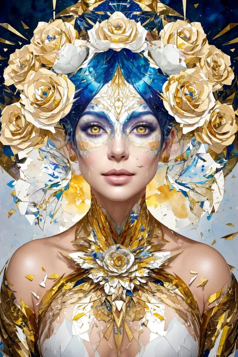 An abstract geometrical painting of womans face, golden and white roses, detailed symmetric circular iris, shattered paper fragments, intricate complex watercolor painting, color explosion, ink drip, volumetric lighting, metallic reflections, inspired by A...