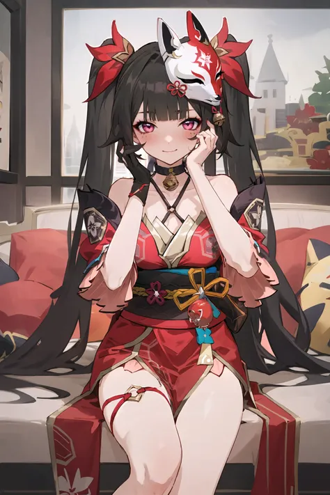 1girl, sparkle (honkai: star rail), twintails, hair ornament, solo, off shoulder kimono, mask on head, detached sleeves, choker, obi, single glove, wristband, criss-cross halter, thigh strap, blush, sitting, cowboy shot, living room, gasping, ecstasy, sedu...