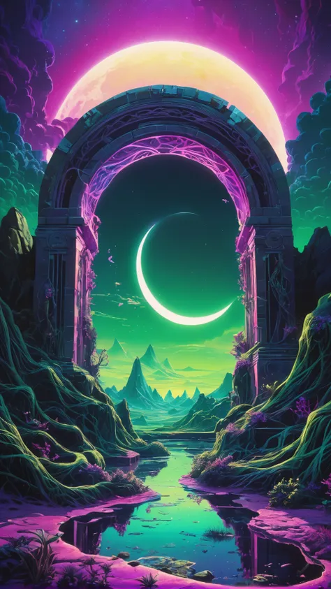 Super high definition, reflective pools, HDR, (Dark vaporwave color palette), eclipse, glowing archway, huge twisting vines, aerial view of rolling hills in bizarre alien landscape, Fibonacci, Enki, annunaki, monolith, megaliths with eyes, ufo, dna, cosmic...