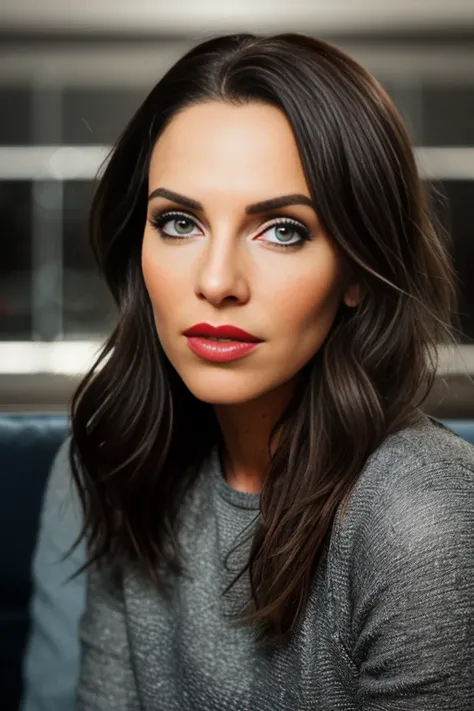 a realistic photograph of beautiful(Wh1tn3y:1.1) woman sitting on a couch,wearing a (gray dress),facing the viewer,portrait,(perfect long hair),(red lipstick),simple background,rich details,hyper realistic,intense,highly detailed,face_focus,looking_at_view...