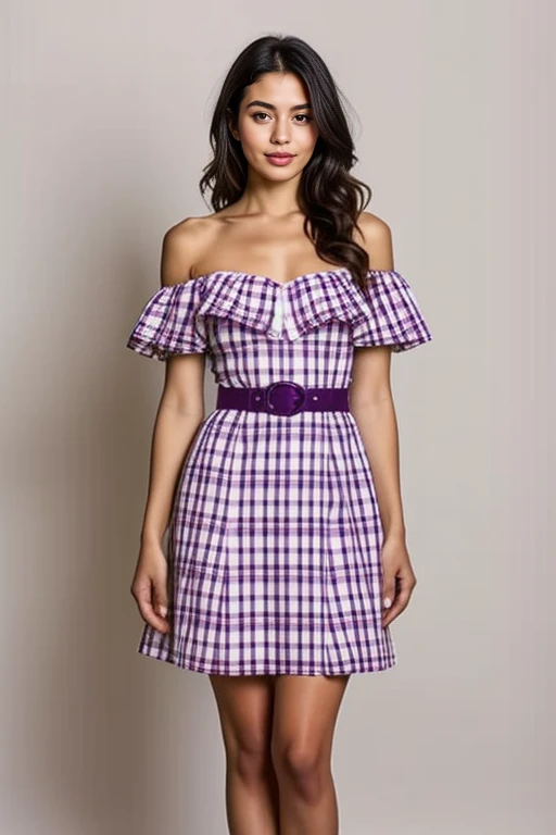 1girl, mature, beautiful, cute, hourglass body shape, masterpiece, white background, simple background, long hair, full body shot
<lora:Off_shoulder_plaid_Dress_By_Stable_Yogi:0.8> purple short plaid dress, off-shoulder dress, ruffled, waist belt