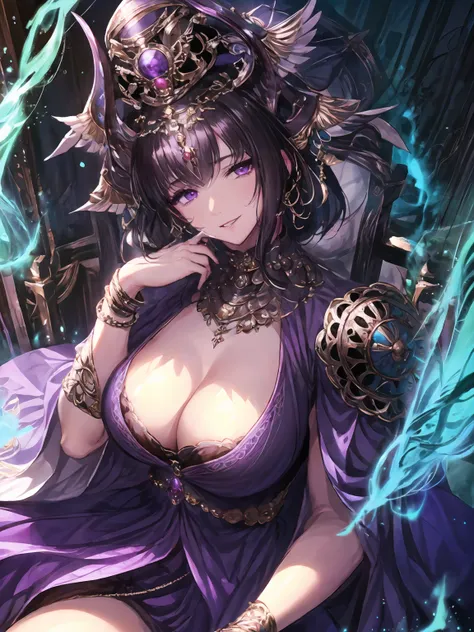 masterpiece,best quality,highres,cinematic lighting,dramatic angle,1girl,<lora:ShadowverseNephthysV1-000015:0.8>,black hair,short hair,jewelry,purple dress,purple eyes,looking at viewer,smile,crown,pelvic curtain,cleavage,capelet,shoulder armor,beads,jewel...