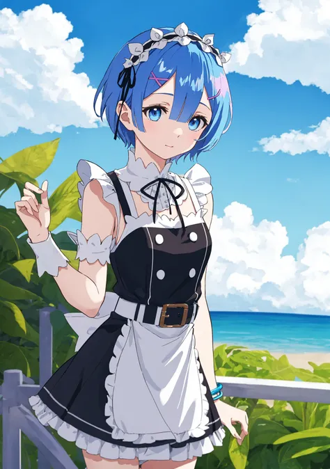 Rem(re zero kara hajrmeru isekai seikatsu),Maid service, blue hair, short hair,(upper body),blue sky, white cloud,belt, anklet,