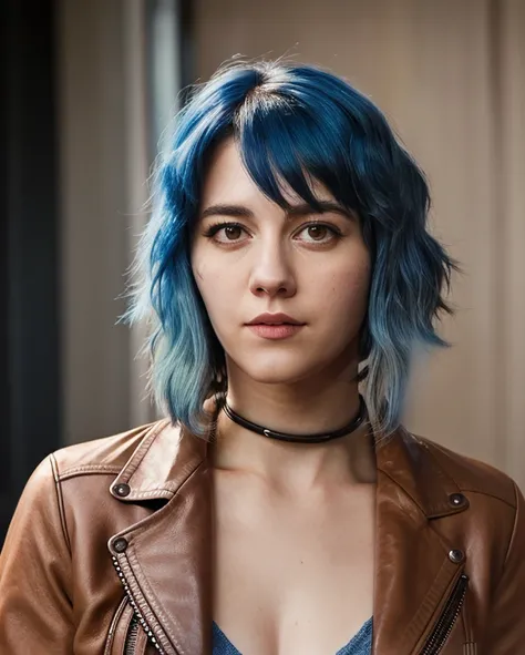 a beautiful picture of m4ryeliz, masterpiece, photorealistic, woman, detailed, 4k, HDR, backlighting, light, RAW color photo,(fully in frame:1.1), detailed skin texture, (blush:0.5), (goosebumps:0.5), blue hair, wearing a leather jacket,  <lora:m4ryeliz:1>