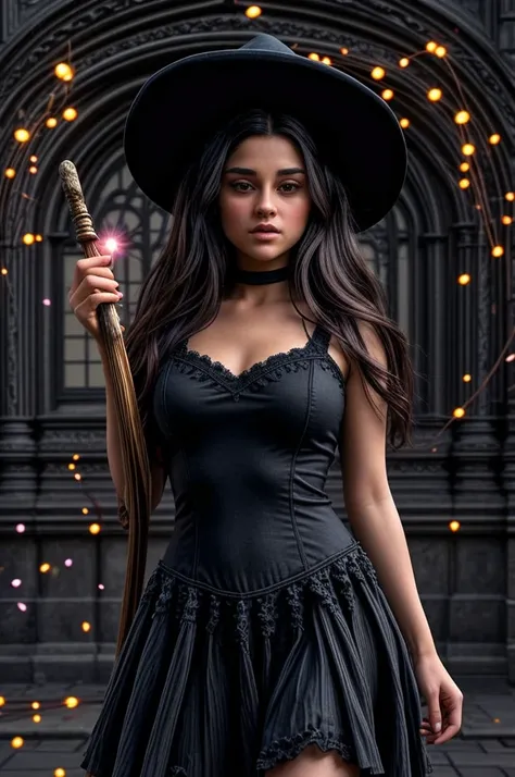 Art photography, tv_Yvette_Monreal_A_V1, , mystical witch casting spells, wearing a black dress, holding a magic staff, standing in a magic circle, magic, magic lights, mystical energy, wrinkles:0.2, pores:0.2, <lora:epiNoiseoffset_v2Pynoise:1> Masterpiece...