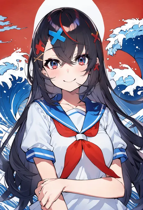 masterpiece, best quality, <lora:MikaPikazoXL_V1:1> 1girl, smile, solo, neckerchief, black hair, long hair, hair ornament, red neckerchief, sailor collar, short sleeves, waves, upper body, looking at viewer, red eyes, shirt, mount fuji, school uniform, ega...