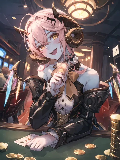 masterpiece,best quality,highres,cinematic lighting,dramatic angle,<lora:ShadowverseShowdownDemonV1-000019:0.8:lbw=jiangshi3>,1girl,pink hair,horns,blue skin,yellow eyes,detached sleeves,bare shoulders,ribbon,bowtie,glowing eyes,white shirt,vest,crystal wi...