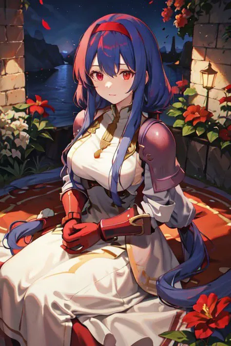 red hairband, armored dress, red eyes, blue hair, bangs, sidelocks,very long hair, twintails masterpiece, best quality, flowers, sky, garden, best illumination, best shadows