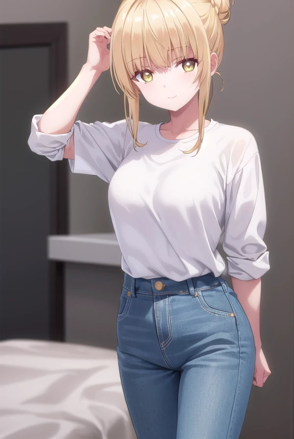 mahirushiina, <lora:mahiru shiina s1-lora-nochekaiser:1>,
mahiru shiina, bangs, blonde hair, brown hair, (yellow eyes:1.3), smile,
BREAK shirt, sidelocks, pants, hair bun, single hair bun, yellow shirt, green pants,
BREAK indoors,
BREAK looking at viewer, ...