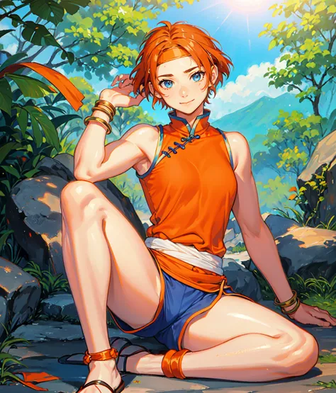 masterpiece, high res, detailed face, detailed eyes, 1 girl, solo, muscular, cleanning sweat with a towel, smile, short hair, orange hair, forehead, headband, blue eyes eyes, ((blue shorts)) ((chinese clothes, orange shirt)), bare shoulders, bare arms, lon...