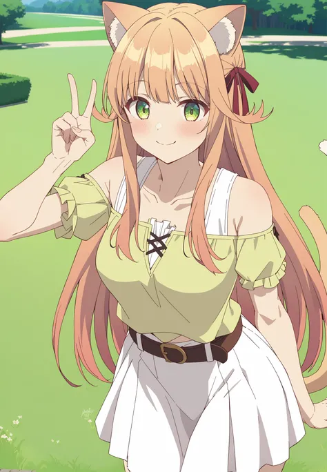 1girl, upper body, smile, standing, outdoors, background park, kanade-cag, cat tail, bare shoulders, green shirt, short sleeves, white skirt, cat tail, brown belt, black shoe, peace sign, V, (masterpiece, best quality:1.4),  <lora:Kanade-000007:1>