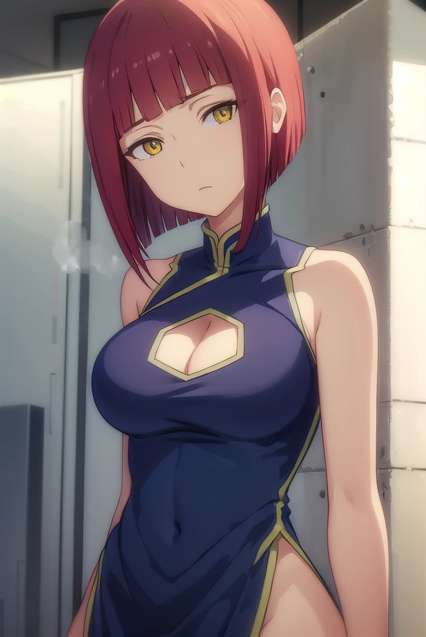 zakurokurumaki, <lora:zakuro kurumaki hnu-lora-nochekaiser:1>,
zakuro kurumaki, short hair, bangs, (yellow eyes:1.3), red hair, bob cut,
BREAK dress, cleavage, sleeveless, clothing cutout, sleeveless dress, chinese clothes, cleavage cutout, china dress, si...