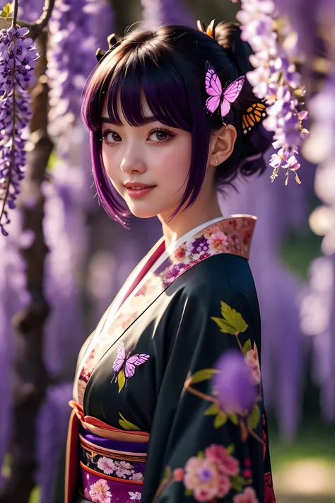 i want the whole image to be created in 3D anime style, 1girl, solo, looking at viewer, smile, short hair, bangs, black hair, hair ornament, closed mouth, purple eyes, upper body, purple hair, flower, multicolored hair, japanese clothes, kimono, blurry, fr...