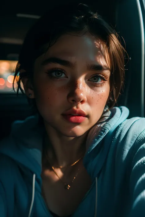 RAW photo, a 22-year-old-girl, upper body, selfie in a car, blue hoodie, (raecmbr-2650:0.9), (r4ec4mbr4:0.95), (1girl), (realistic), (photo-realistic:1.5), inside a car, driving, lipstick, freckles, (short hair), multicolor hair, necklace, (RAW photo, 8k u...