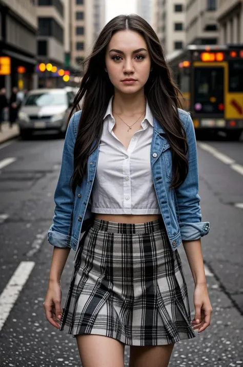 Art photography, tv_Meg_DeLacy_A_V1, ,nikon, scene, full body shot, walking through the street of a burning city, wearing a plaid skirt, wearing a white shirt, war torn, rubble, ruins, fog, night, detailed skin, epiCRealism, epiCPhoto,, wrinkles:0.2, pores...