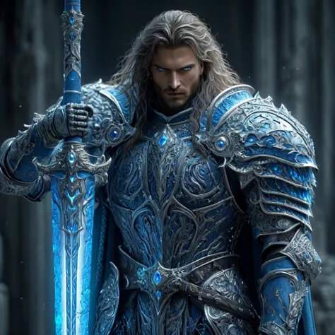 A fullbody shot of beautiful knight, beautiful hair, standing up, holding blue glowing sword infront of him, taken on a PC running a Nvidia GeForce RTX 4090 at maximum settings, raytraced, photorealistic, hyper detailed, 16K, HDR, raytraced, upscaled, HKSt...